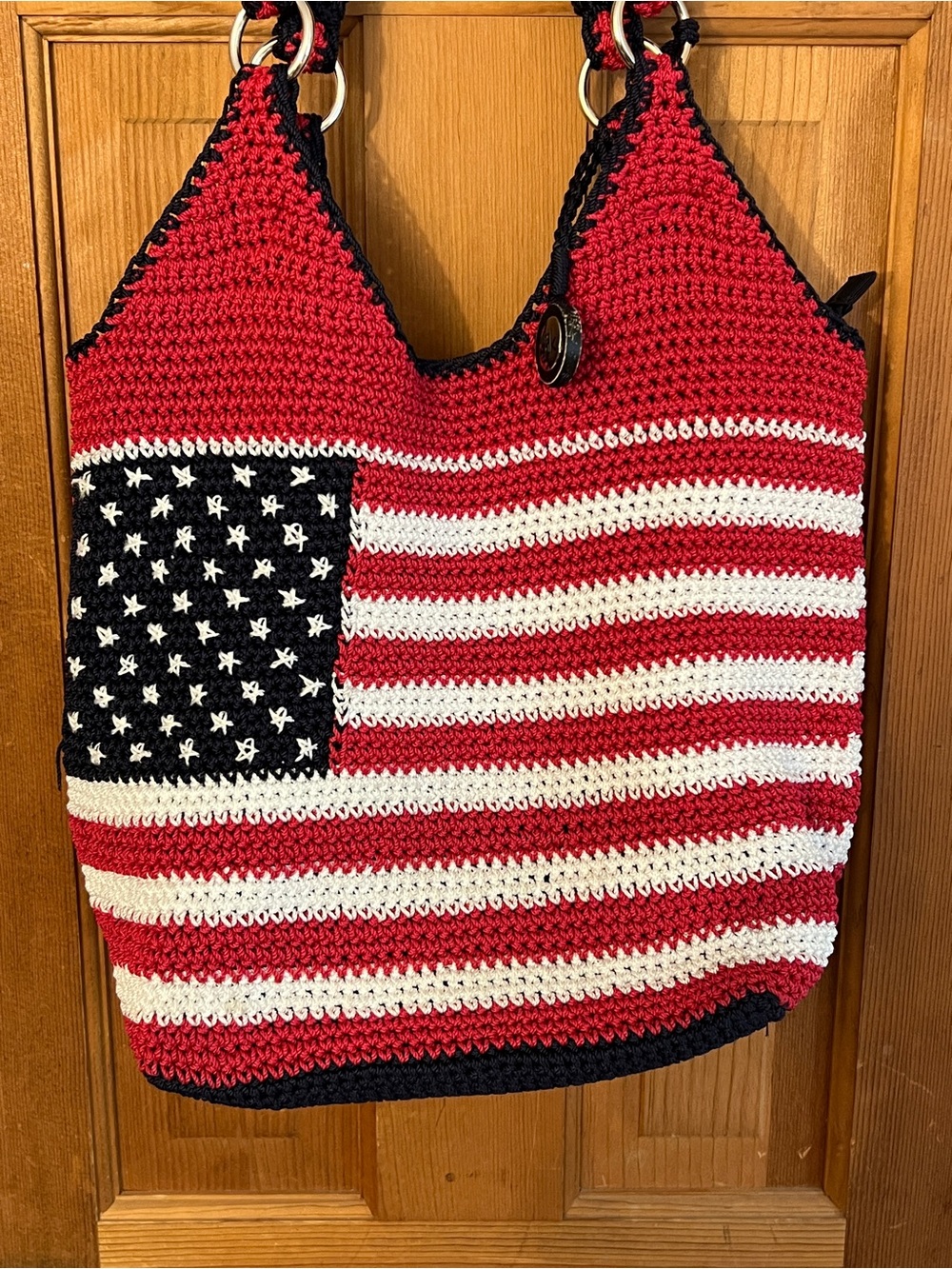The Sak Crochet American Flag Tote Patriotic Red, White & Navy